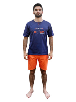 Pyjama court haut bleu- short corail « Homme à croquer ¤ Sans modération ¤ »