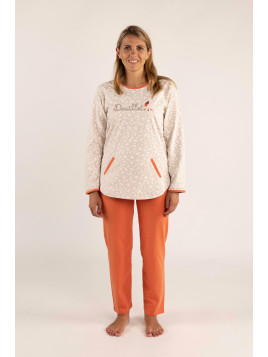 Pyjama haut arrondi chiné beige et bas uni corail « Douillet »