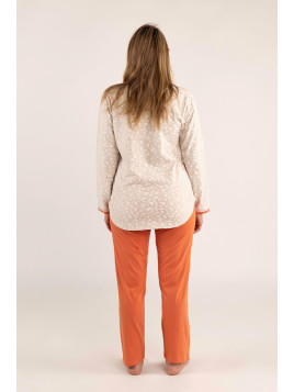 Pyjama haut arrondi chiné beige et bas uni corail « Douillet »