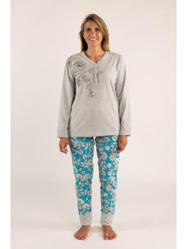 Pyjama haut gris chiné et bas turquoise imprimé fleuri  « Fleurs rétro »