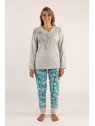 Pyjama haut gris chiné et bas turquoise imprimé fleuri  « Fleurs rétro »