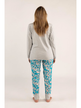 Pyjama haut gris chiné et bas turquoise imprimé fleuri  « Fleurs rétro »