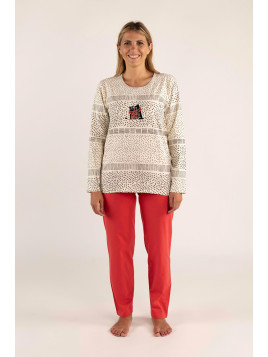 Pyjama haut imprimé et bas rouge « Comme chien et chat »