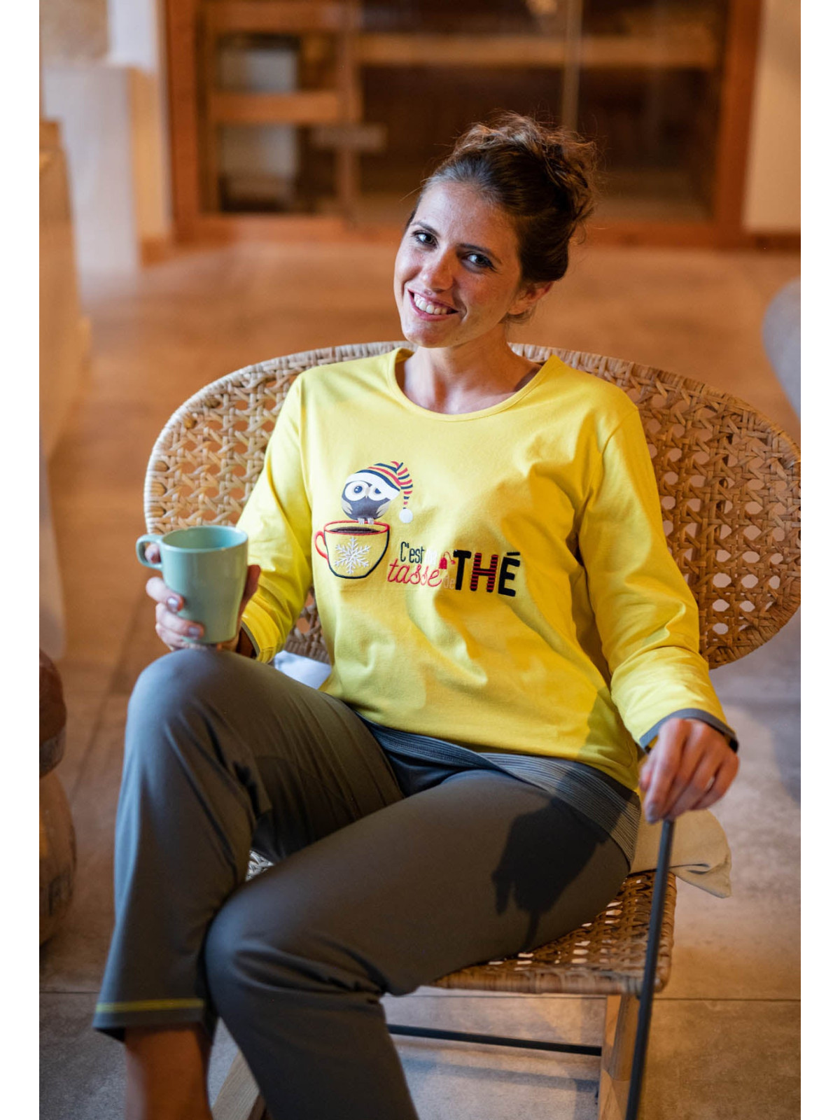 Pyjama long bicolore manches longues «Coffee time»