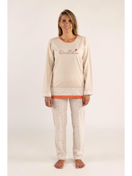 Pyjama  haut beige chiné et bas imprimé « Douillet »