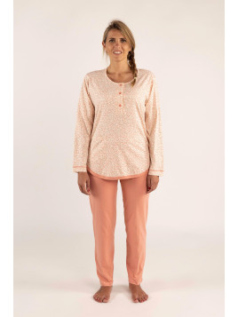 Pyjama boutonné, arrondi, haut imprimé et bas rose « Songe d’automne »