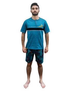 Pyjama court bleu et imprimé « Attention réveil grognon »